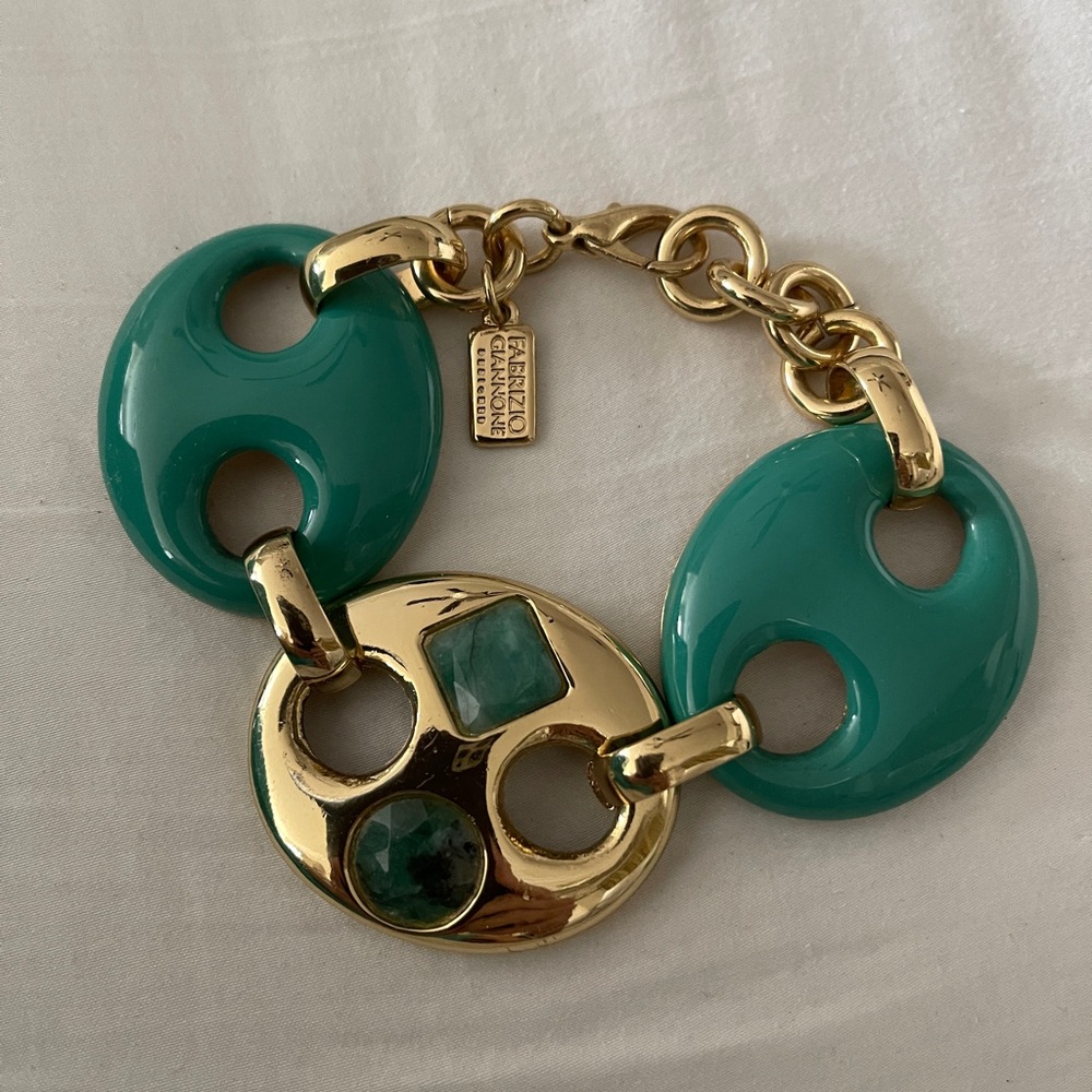 Fabrizio Giannone gold tone metal bracelet-design, green-colored resin & enamel